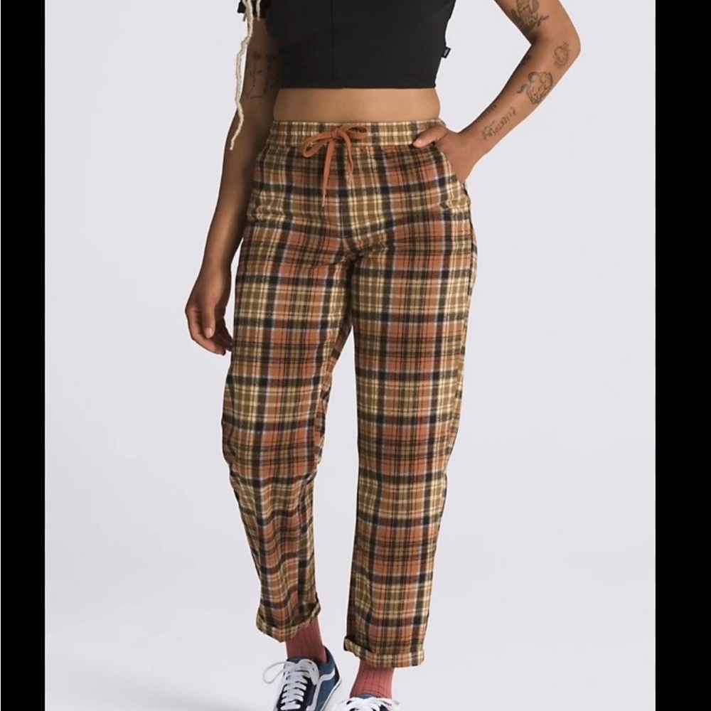 Plaid Drawstring Pants - Brown Plaid